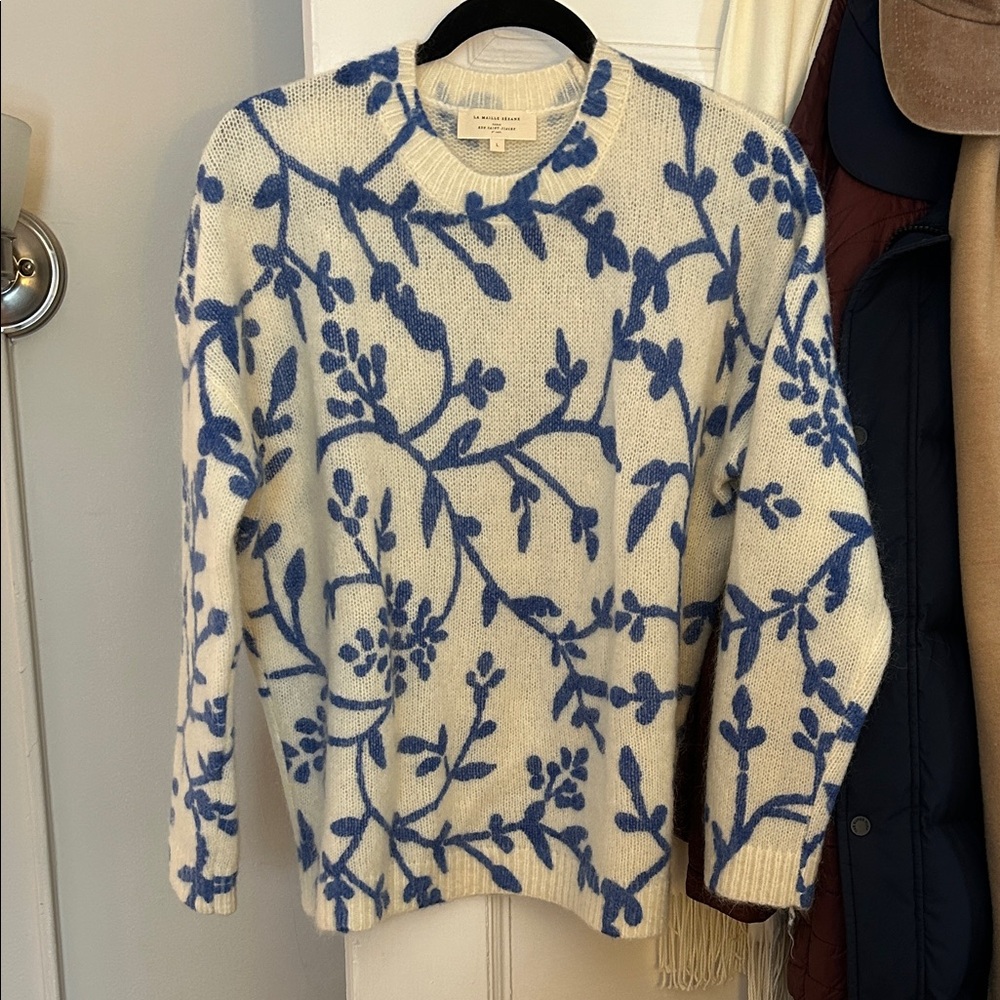 Sezane Blue and Cream Floral Sweater